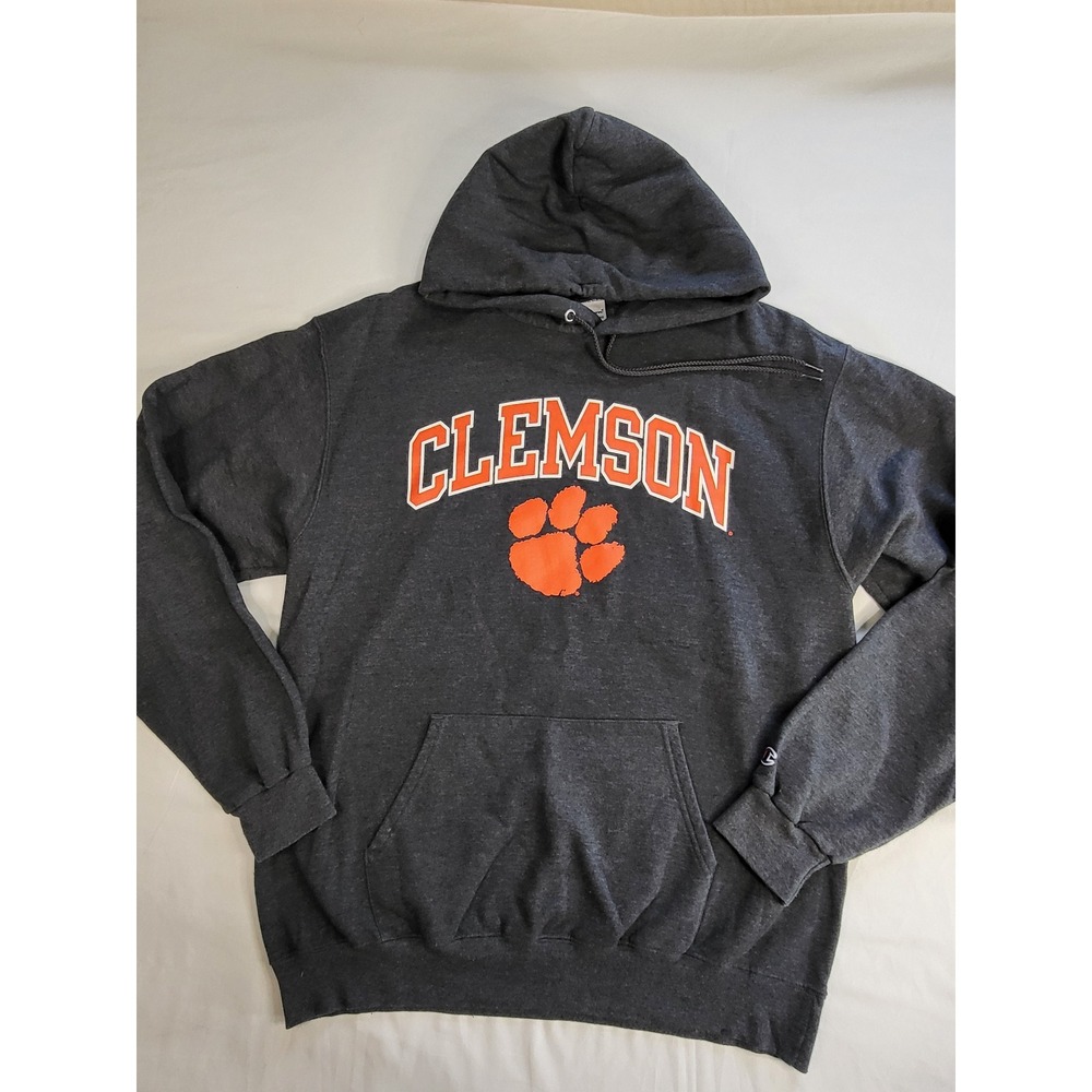 Champion Clemson Tigers Hoodie Mens Large Gray Orange Paw Print Sweatshirt